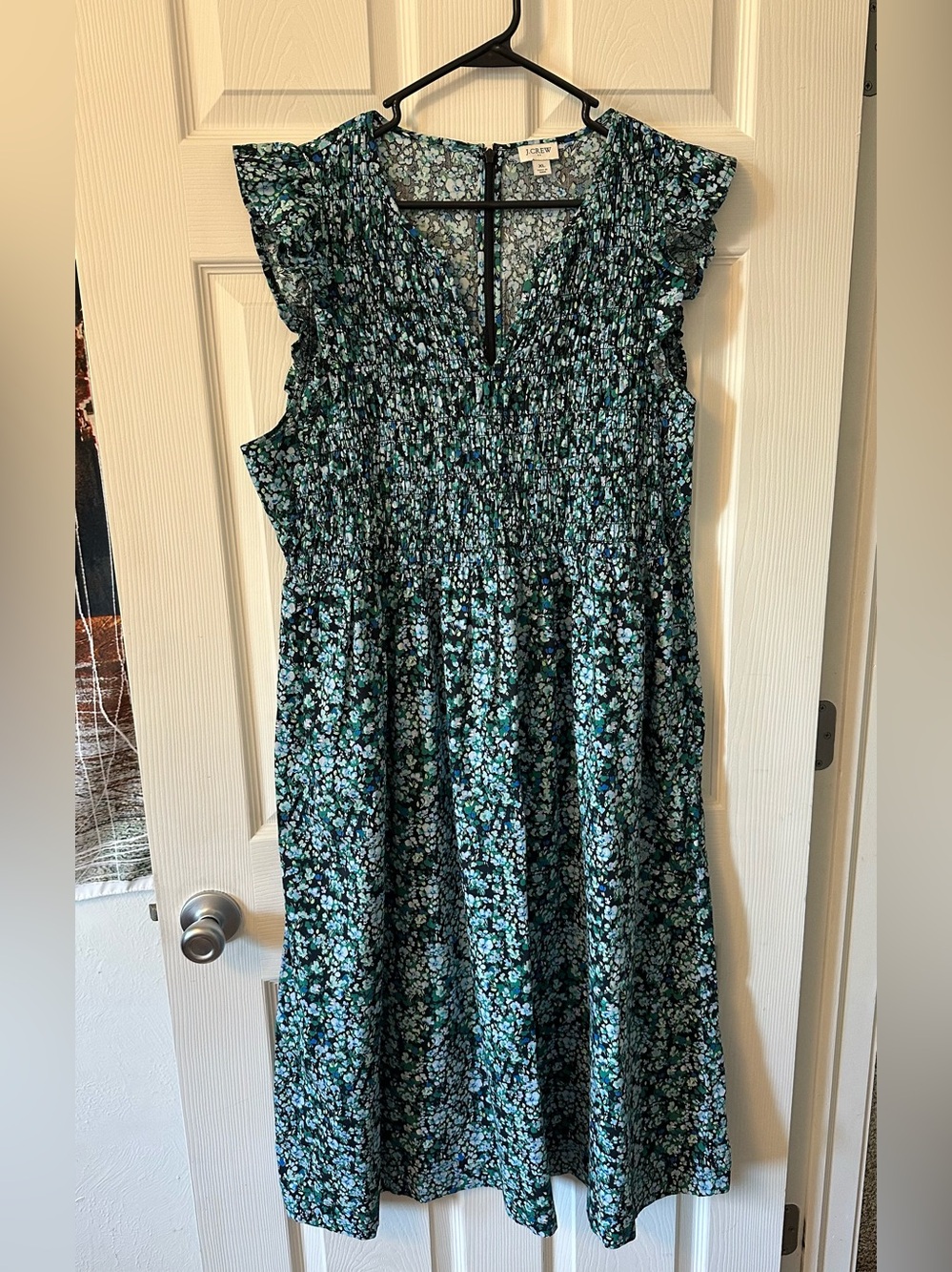 J. Crew Teal and Black Floral Smocked Midi Dress